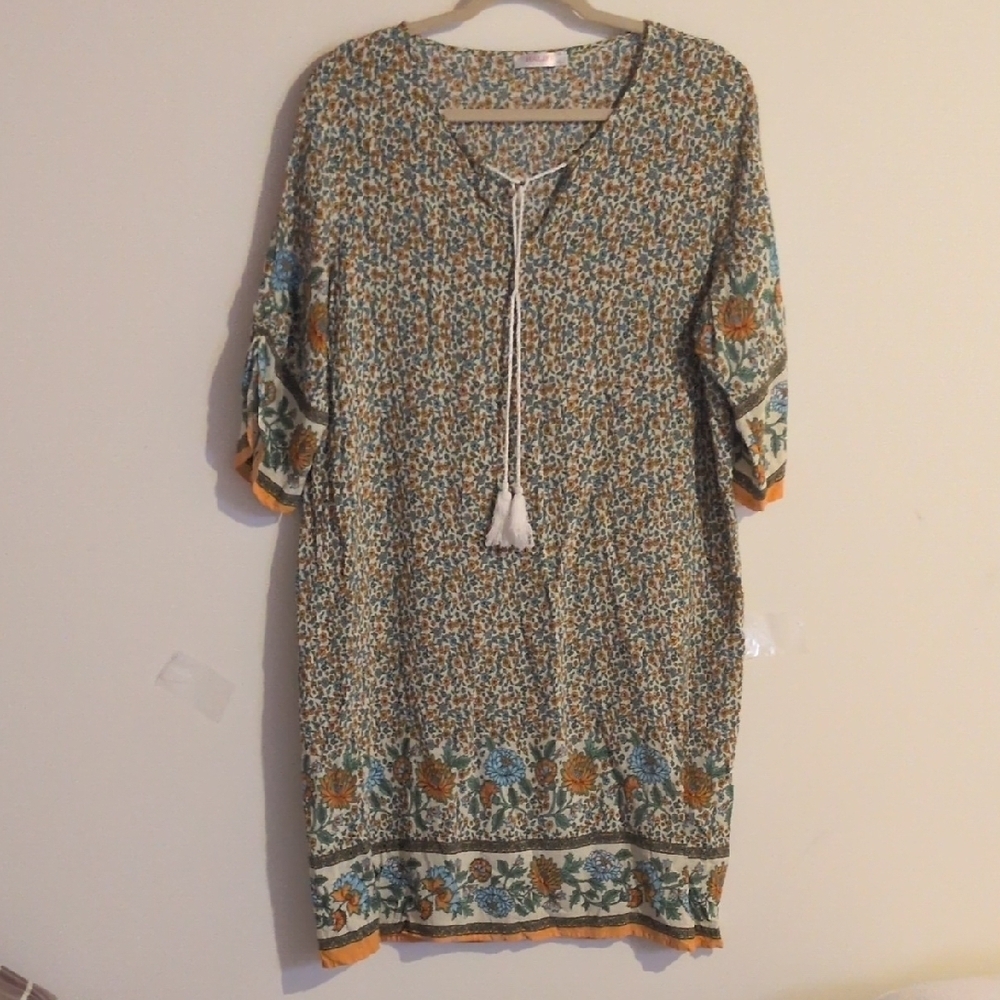 Alife Cream and Brown 3/4 Sleeve Tie Front Tunic